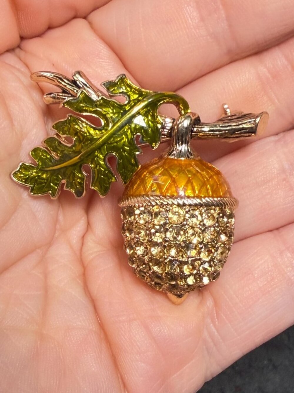 Acorn Brooch Rhinestone Vintage Fall Leaf Gold Tone Enamel Pin